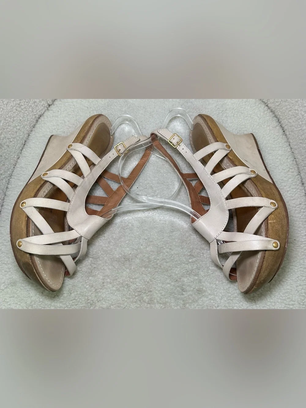 Leifsdottir Vintage Anthropologie Ivory Leather Wood Platform Wedge Strappy 9